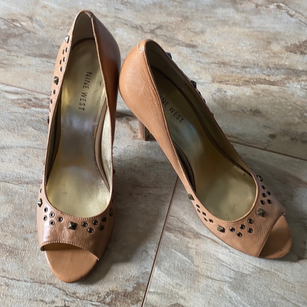 Nine West peep toe heels. Tan with studded work.